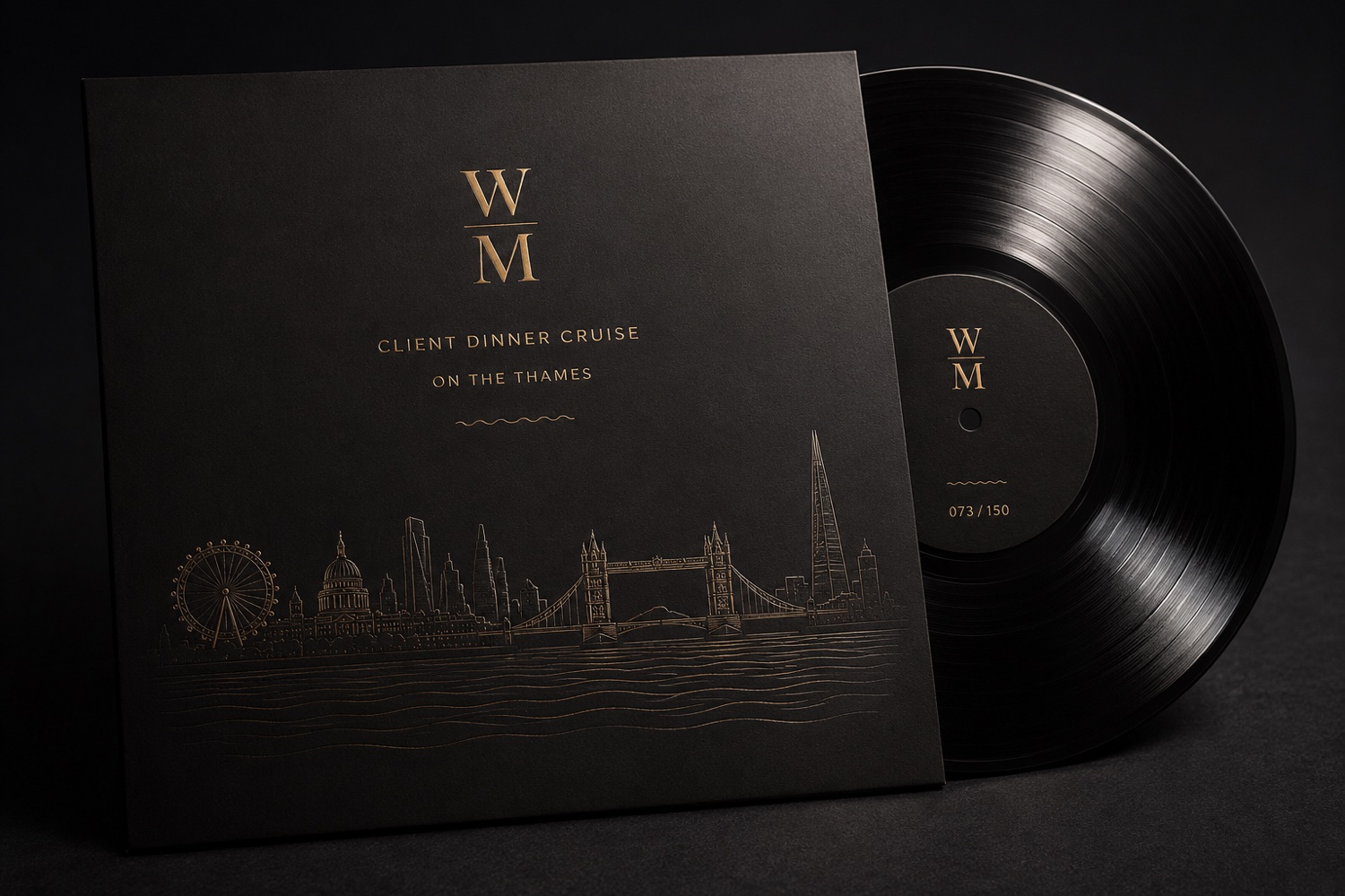 Numbered matte-black vinyl for the client dinner on the Thames